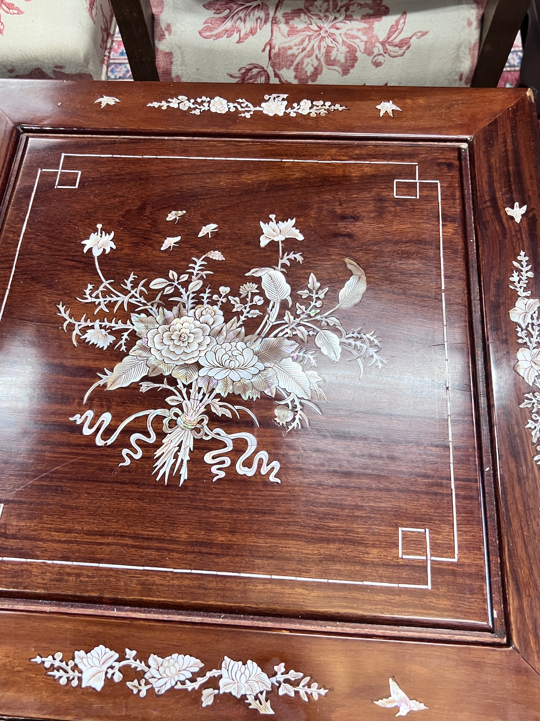 A pair of Chinese mother of pearl inlaid square hardwood occasional tables, width 50cm, height 56cm